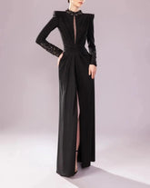 High-neck long-sleeve dress with embellished cuffs and front slit – ASTRD